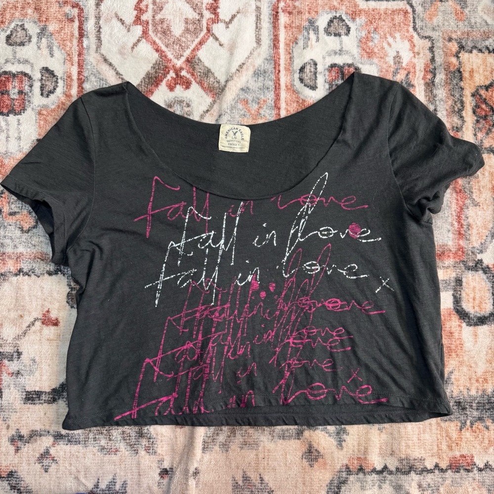 American Eagle Outfitters Black Crop Top with Pink and White Text